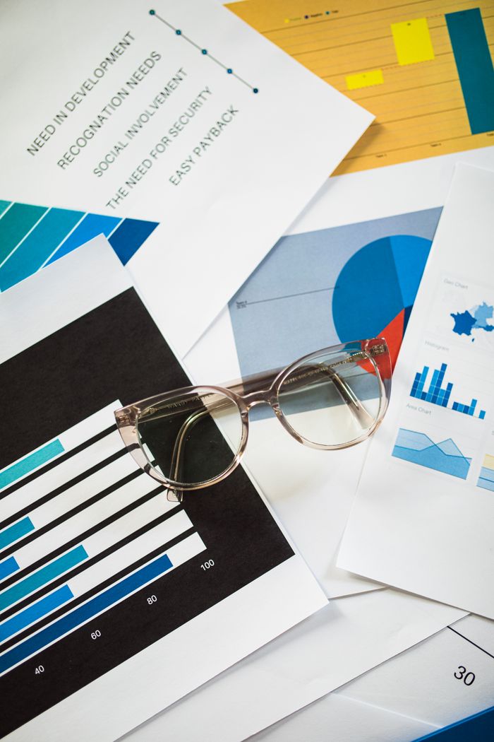 Eyeglasses resting on business charts and documents, ideal for financial analysis themes.